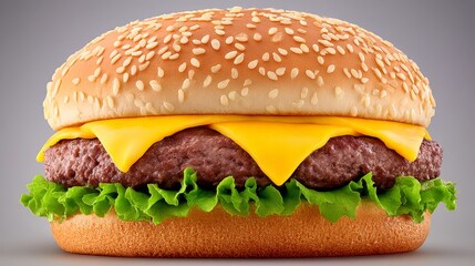 Closeup of a Juicy Cheeseburger with Sesame Seed Bun Lettuce and Melted Cheese on Gray Background