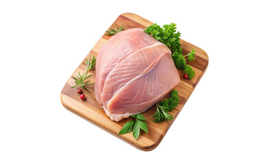 Raw Tuna Steak on Wooden Cutting Board with Herbs and Spices Ready for Cooking