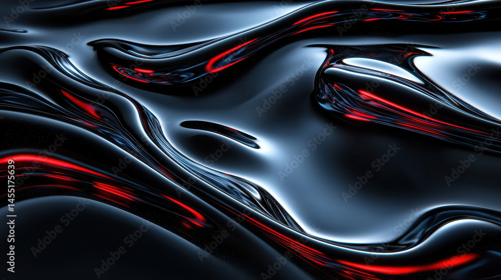 Poster an abstract 3d background showcases realistic fluid patterns with a dark, glossy sheen, highlighted 