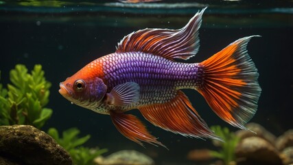 Fototapeta premium A radiant fish swims gracefully, showcasing a symphony of captivating hues underwater