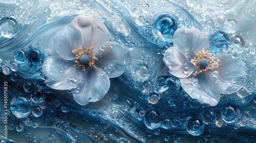 Aufkleber ethereal 3d floral design featu fluid water patterns and realistic light in 4k resolution, evoking a
