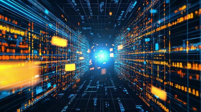 Futuristic digital tunnel with binary code streams, symbolizing data flow and information technology - Powered by Adobe