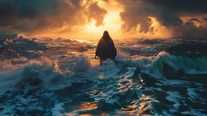 Walking on water dramatic sea sunset sky inspiring calm tranquility