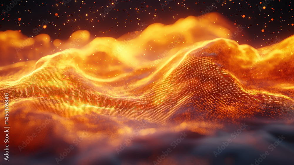 Poster realistic 4k 3d rendered background visual of dynamic glowing golden energy waves from a side angle 