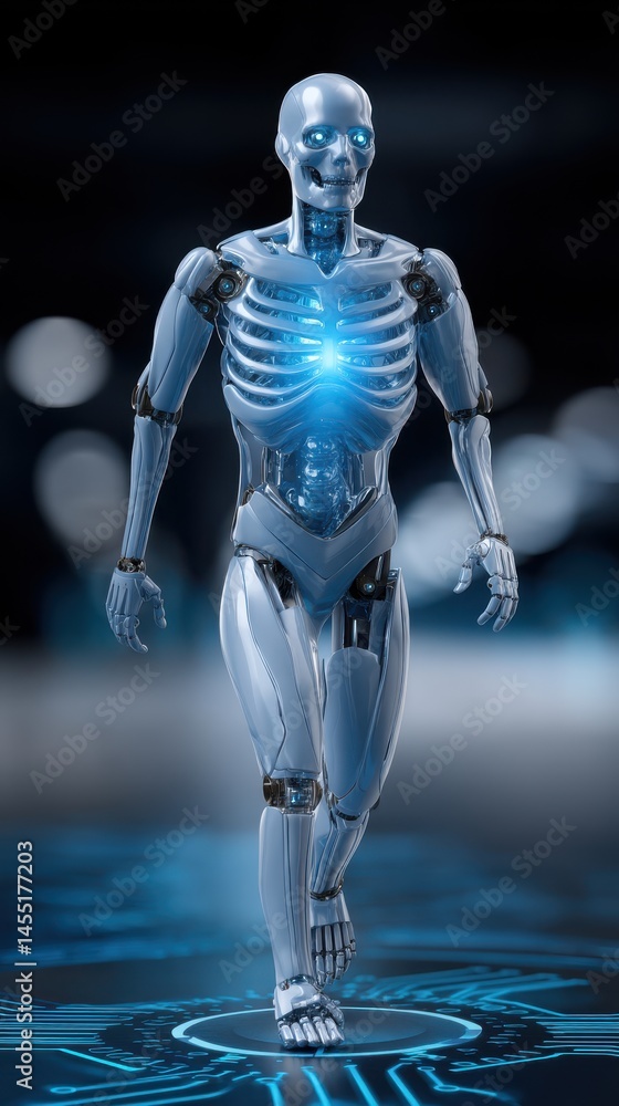 Aufkleber futuristic humanoid robot walking on glowing circuit board surface toward the viewer in a dark envir