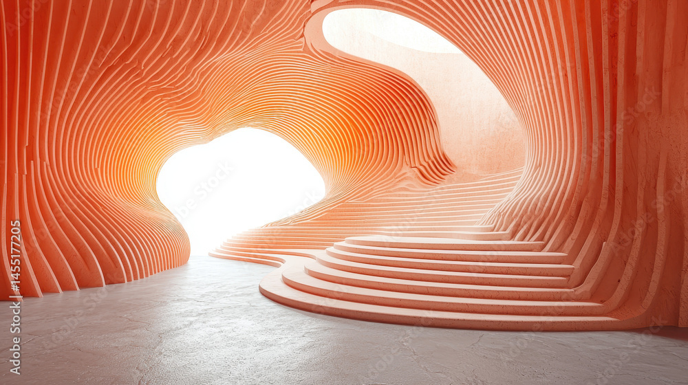 Poster dynamic 3d background shows realistic flowing curves and steps in a 4k resolution side angle view cr