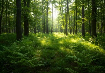 Obraz premium Forest Sunlight, Green Trees, Lush Ferns Nature Photography for Relaxation, Outdoors and Environment