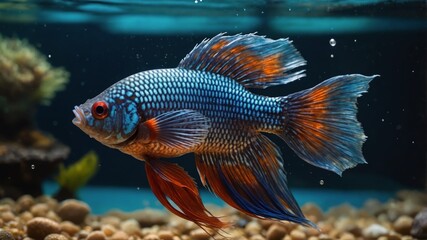 Fototapeta premium A vibrant ornamental fish with blue scales swims gracefully in its habitat