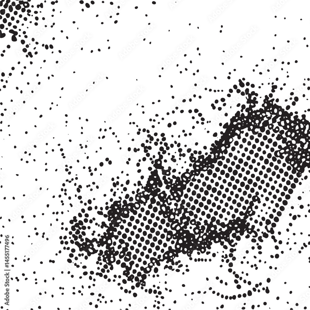 Poster a textured fragmented square shape dominates a black and white background of densely packed dots.