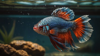 Fototapeta premium Vibrant Betta Fish Displaying Exotic Colors in an Aquascape Environment