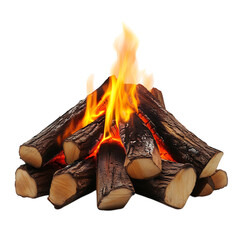 A Vibrant Orange Flame Rising From a Pile of Logs Isolated on Transparent Background