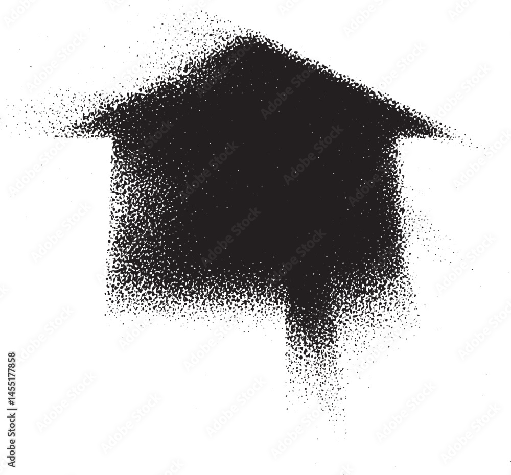 Poster a dark abstract house shape is created with a spray of tiny dots.