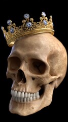 Obraz premium Ornate gold and jewel crown perched atop a human skull, concept of vanity, wealth and mortality on stark black background