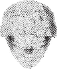 A black-and-white portrait of a youthful face rendered with countless tiny dots.