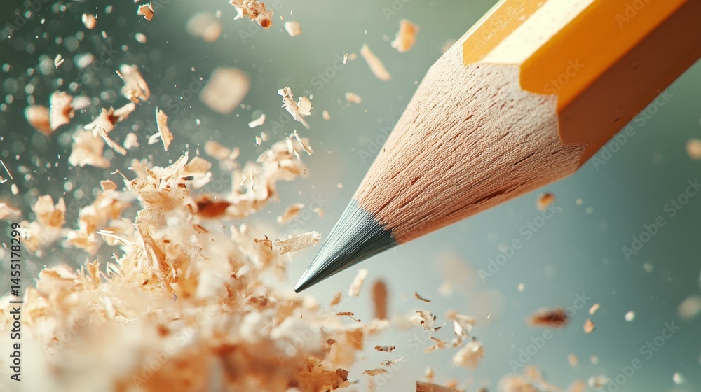 Poster a vibrant pencil tip sketches dynamically on textured paper, surrounded by shavings and gentle parti