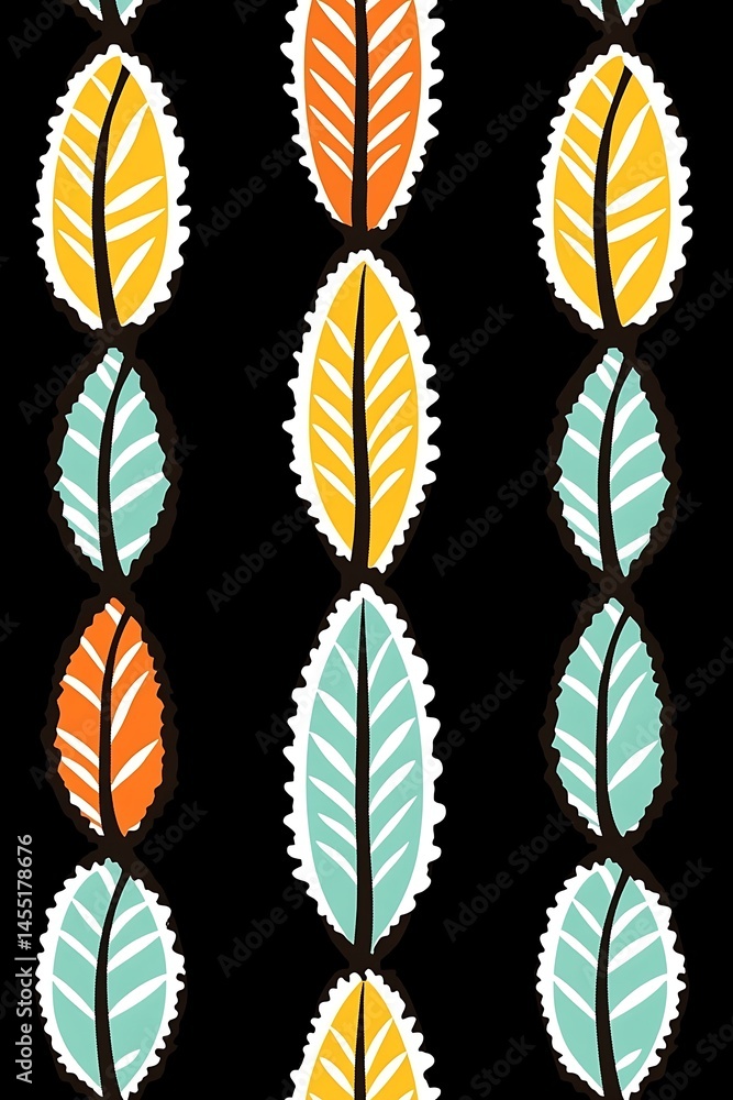 Poster colorful leaf pattern on black background in retro style seamless design
