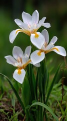 Fototapeta premium Elegant Dietes iridioides flowers with white petals, yellow markings, and long green leaves in outdoor garden setting