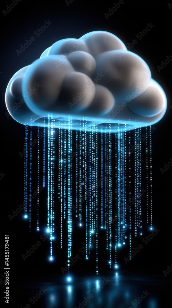 Poster cloud computing illustration showing binary code rain falling, conceptual data storage and transfer,