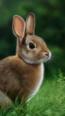 Fototapeta premium Realistic painting of a brown rabbit sitting in a field of green grass with detailed fur and whiskers