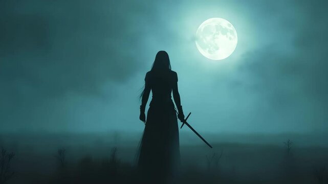 A female warrior illuminated only by moonlight, standing alone on a battlefield covered in mist
