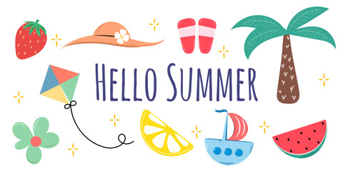 Hello summer banner with summer elements.