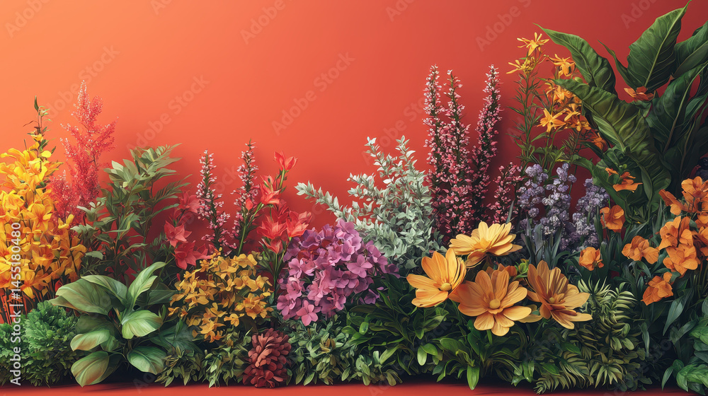 Poster intricate 3d rendered scene presents vibrant colorful flower arrangements against a warm backdrop, c