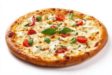 Delicious cheese pizza with fresh basil and cherry tomatoes. Perfect for a quick and tasty meal!
