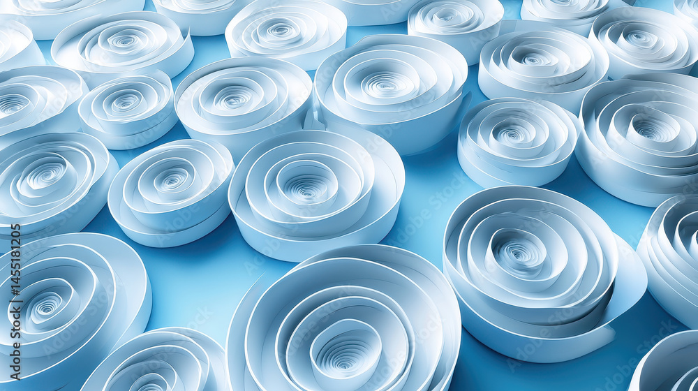 Poster an array of realistic 3d circular art forms unfolds across a soft blue background in a 4k resolution