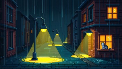 Obraz premium Pixel Art Cozy Night Street Scene with Glowing Lamps, Rain, and Cat in 16-Bit Retro RPG Style ai generated