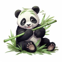 Obraz premium A cute panda savors bamboo in a minimalist design, featuring soft pastel shades that radiate charm and whimsy.