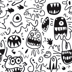 Obraz premium This seamless doodle pattern features cute, handdrawn monsters, perfect for adding a fun touch to any design project.