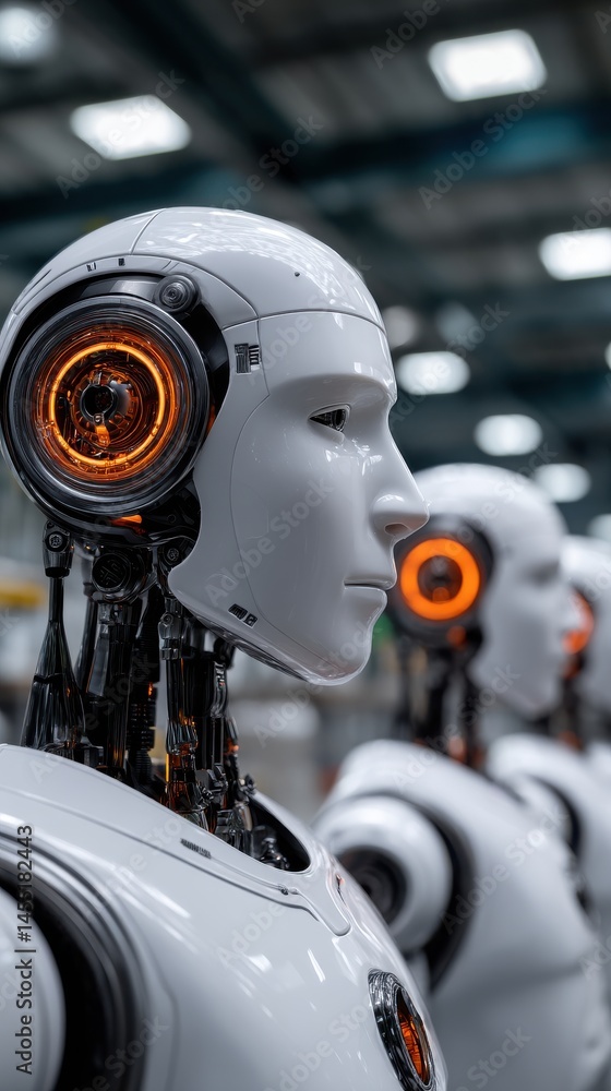 Poster futuristic robot manufacturing line with humanoid robots showing advancements in technology, automat