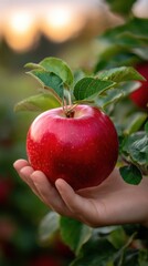 Woman's hand holding a fresh, vibrant red apple on a tree branch in an orchard at sunset with soft blurred bokeh background.
