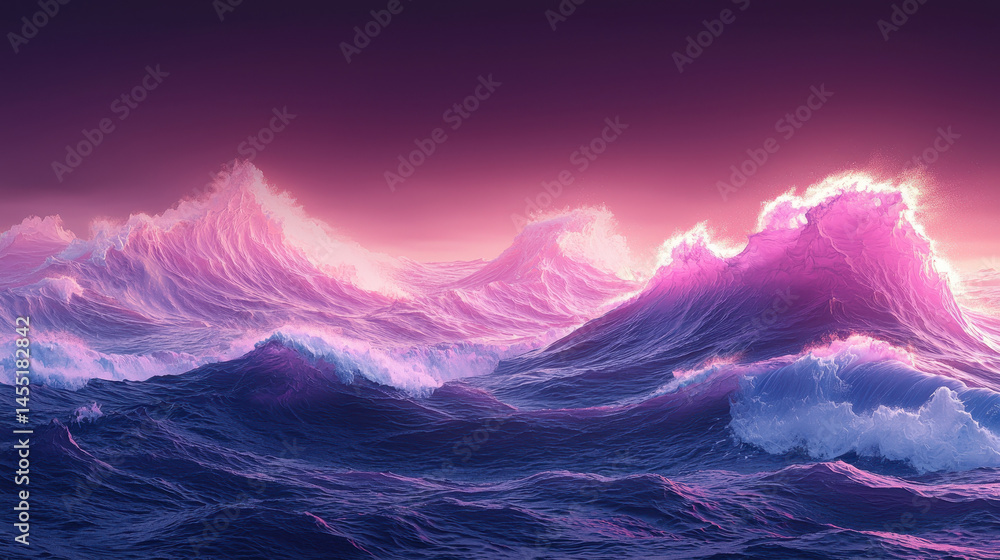 Poster artistic 4k 3d background with realistic ocean waves crashing under a dramatic pink and purple sky, 