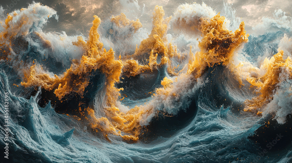 Poster artistic interpretation showcases a 4k realistic 3d background with stormy waves and dramatic clouds