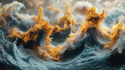 Artistic interpretation showcases a 4K realistic 3D background with stormy waves and dramatic clouds, creating an immersive abstract scene of fluid dynamics.