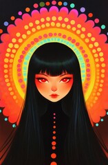Vibrant illustration of asian female with radiant halo and long black hair