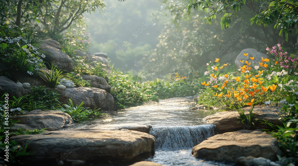 Poster a realistic 4k 3d background showcases artistic exploration of a serene side view of a stream with r