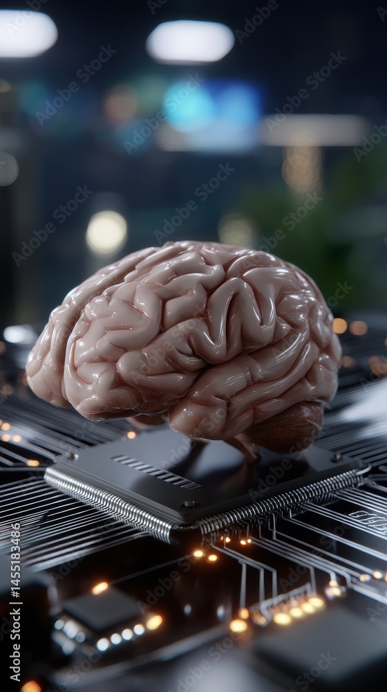 Poster conceptual artwork displays a human brain resting upon a computer chip, representing artificial inte