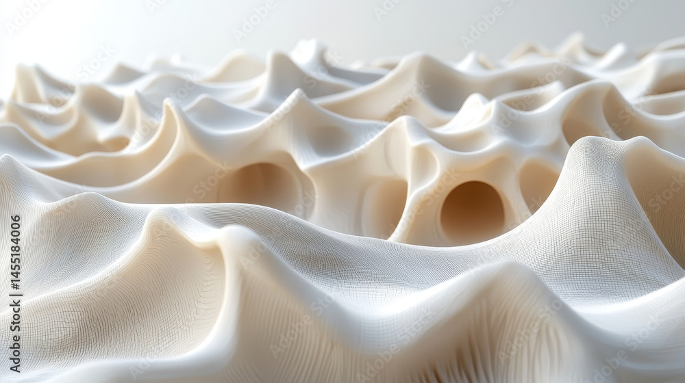 Poster an abstract 3d background with realistic visuals shows a wavy cream-colored surface with intricate g