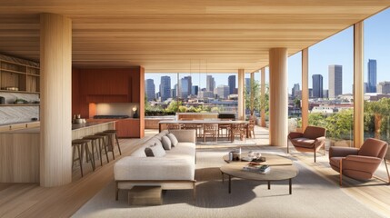 Modern, open-plan apartment showcasing a city view.