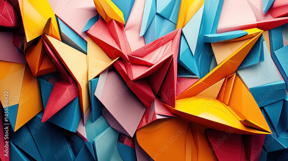 Poster 4k realistic background showing side angle abstract 3d geometry with vibrant colors and dynamic shap