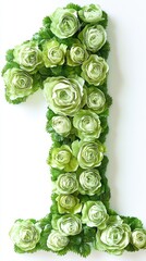 Green floral arrangement shaped as the number one with roses and leaves