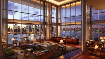 Modern, luxurious penthouse living room with panoramic city views.