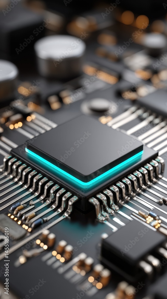 Poster close-up of modern computer processor with glowing blue border integrated on motherboard and surroun