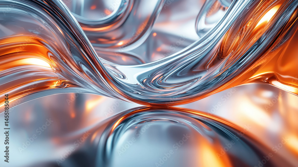 Poster a realistic 4k 3d abstract background with dynamic silver and orange fluid motion viewed from the si