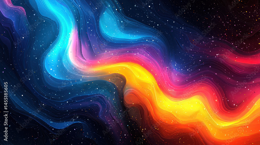 Poster a realistic 4k 3d abstract background shows a colorful side view of swirling cosmic clouds and spark