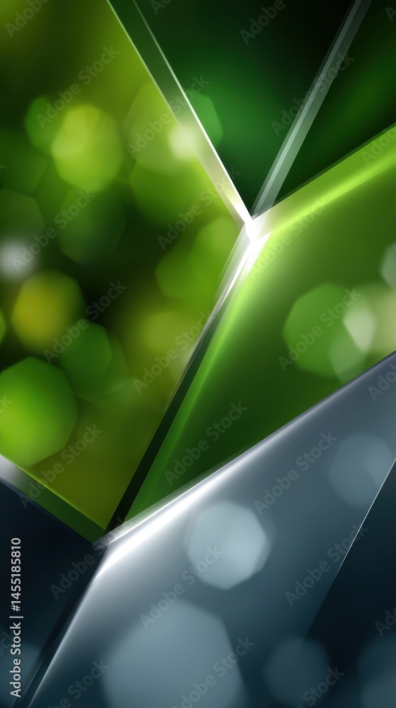 Poster abstract rendered 3d background featuring glossy green surfaces with a bokeh effect in the back and 