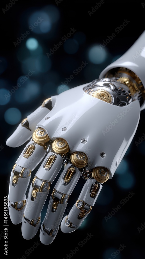 Poster close-up of mechanical hand with intricate gold and chrome details, technology and robotics concepts