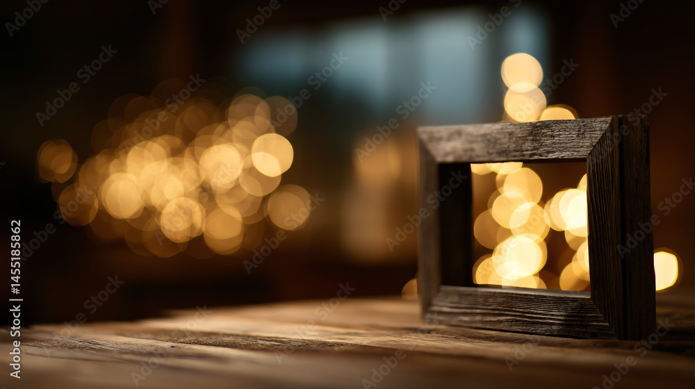 Aufkleber an empty rustic frame invest on a wooden table with warm bokeh lights in the backcloth for added cha